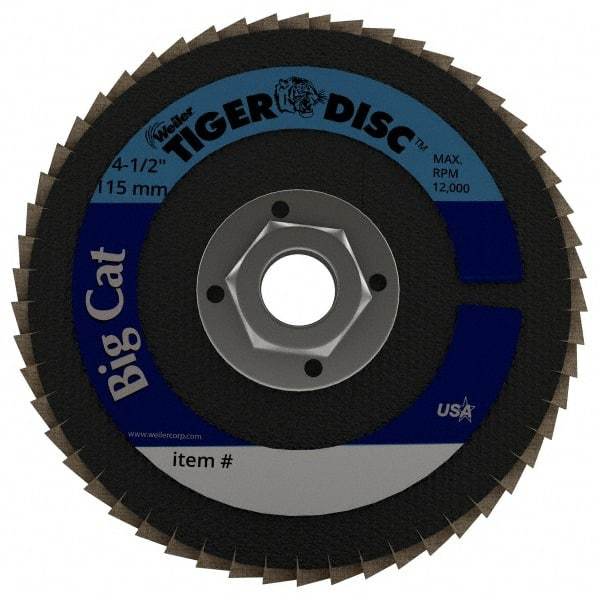 Weiler - 40 Grit, 4-1/2" Disc Diam, 5/8-11 Center Hole, Type 27 Zirconia Alumina Flap Disc - 12,000 Max RPM, Phenolic Backing, Arbor Attaching System, Coated - Caliber Tooling