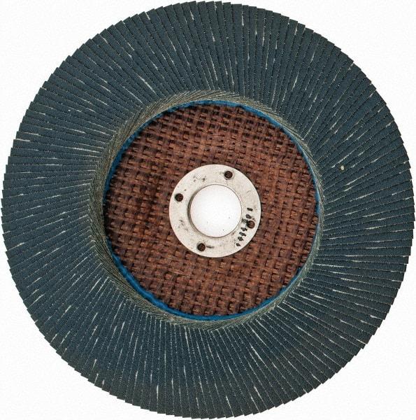 Weiler - 120 Grit, 7" Disc Diam, 7/8" Center Hole, Type 27 Zirconia Alumina Flap Disc - 8,600 Max RPM, Phenolic Backing, Arbor Attaching System, Coated - Caliber Tooling