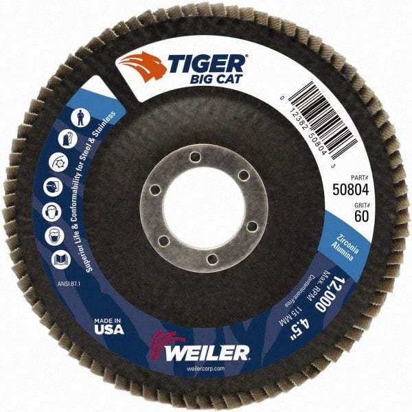 Weiler - 40 Grit, 4-1/2" Disc Diam, 7/8" Center Hole, Type 27 Aluminum Oxide Flap Disc - 12,000 Max RPM, Phenolic Backing, Arbor Attaching System, Coated - Caliber Tooling