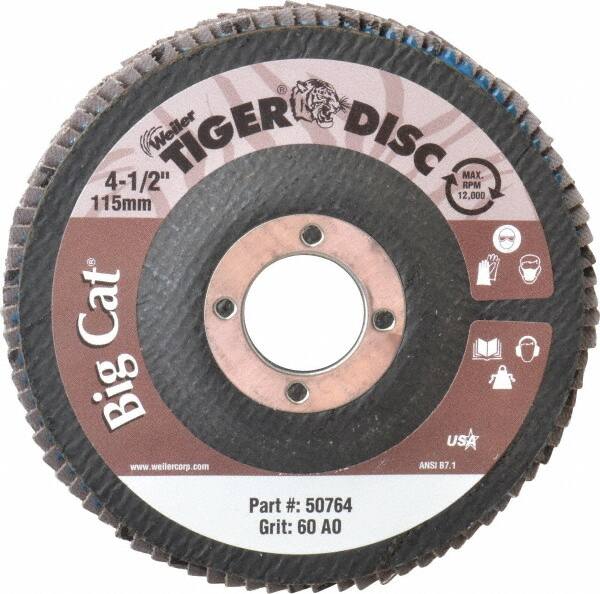 Weiler - 60 Grit, 4-1/2" Disc Diam, 7/8" Center Hole, Type 27 Aluminum Oxide Flap Disc - 12,000 Max RPM, Phenolic Backing, Arbor Attaching System, Coated - Caliber Tooling