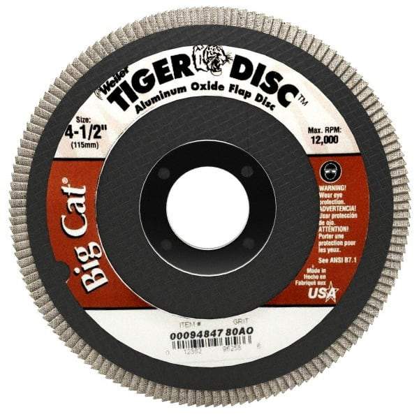 Weiler - 80 Grit, 4-1/2" Disc Diam, 7/8" Center Hole, Type 27 Aluminum Oxide Flap Disc - 12,000 Max RPM, Phenolic Backing, Arbor Attaching System, Coated - Caliber Tooling