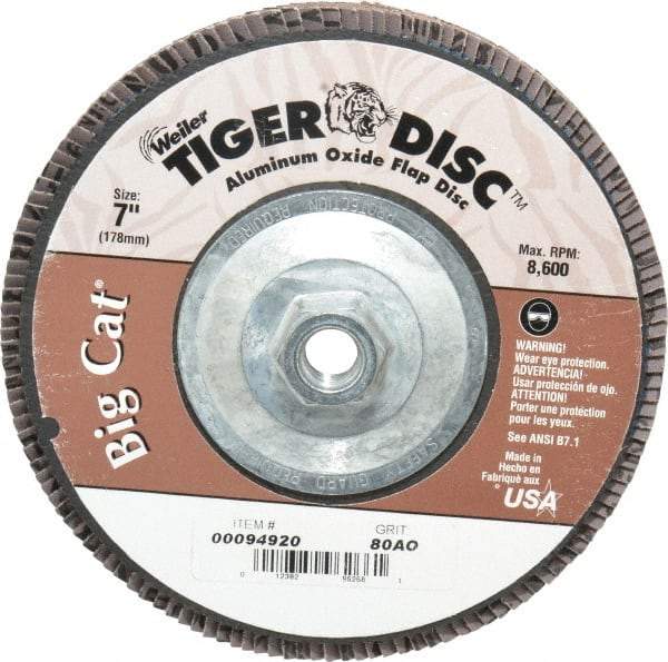 Weiler - 80 Grit, 7" Disc Diam, 5/8-11 Center Hole, Type 27 Aluminum Oxide Flap Disc - 8,600 Max RPM, Phenolic Backing, Arbor Attaching System, Coated - Caliber Tooling