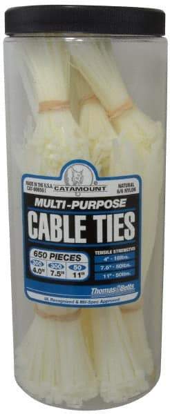 Thomas & Betts - 4 to 11 Inch Range, White Cable Ties - 3 Inch Bundle Diameter, 18, 40 and 50 Lb. Strength, Nylon - Caliber Tooling