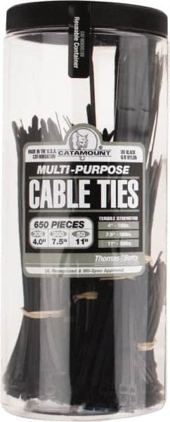 Thomas & Betts - 4 to 11 Inch Range, Black Cable Ties - 3 Inch Bundle Diameter, 18, 40 and 50 Lb. Strength, Nylon - Caliber Tooling