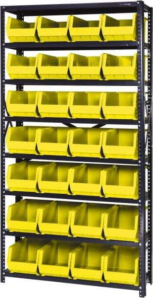 Quantum Storage - 12" Deep x 36" Wide x 75" High, Steel Open Hopper Storage Unit - 7/8 Shelves, 28 Blue Plastic Bins, 8-1/4" Bin Width x 7" Bin Height x 14-3/4" Bin Depth - Caliber Tooling