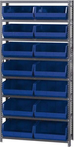 Quantum Storage - 12" Deep x 36" Wide x 75" High, Steel Open Hopper Storage Unit - 7/8 Shelves, 14 Blue Plastic Bins, 16-1/2" Bin Width x 7" Bin Height x 14-3/4" Bin Depth - Caliber Tooling