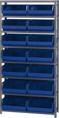 Quantum Storage - 12" Deep x 36" Wide x 75" High, Steel Open Hopper Storage Unit - 7/8 Shelves, 14 Blue Plastic Bins, 16-1/2" Bin Width x 7" Bin Height x 14-3/4" Bin Depth - Caliber Tooling