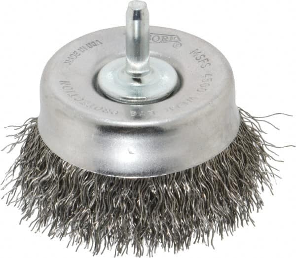 Osborn - 2-1/2" Diam, 1/4" Shank Diam, Steel Fill Cup Brush - 0.014 Wire Diam, 5/8" Trim Length, 4,500 Max RPM - Caliber Tooling