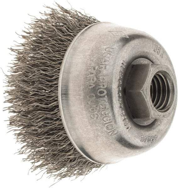 Osborn - 2-3/4" Diam, 5/8-11 Threaded Arbor, Steel Fill Cup Brush - 0.014 Wire Diam, 1" Trim Length, 14,000 Max RPM - Caliber Tooling