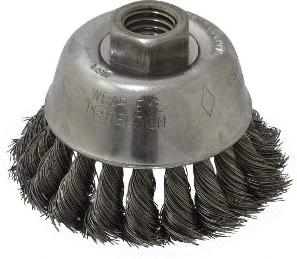 Osborn - 2-3/4" Diam, 5/8-11 Threaded Arbor, Steel Fill Cup Brush - 0.014 Wire Diam, 14,000 Max RPM - Caliber Tooling