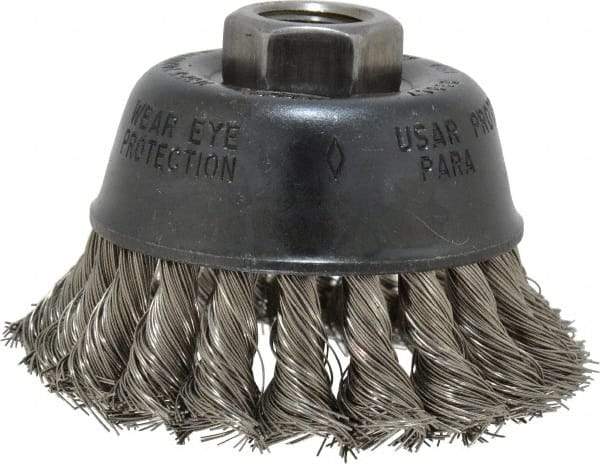 Osborn - 2-3/4" Diam, 5/8-11 Threaded Arbor, Stainless Steel Fill Cup Brush - 0.014 Wire Diam, 14,000 Max RPM - Caliber Tooling