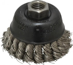 Osborn - 2-3/4" Diam, 5/8-11 Threaded Arbor, Stainless Steel Fill Cup Brush - 0.02 Wire Diam, 14,000 Max RPM - Caliber Tooling