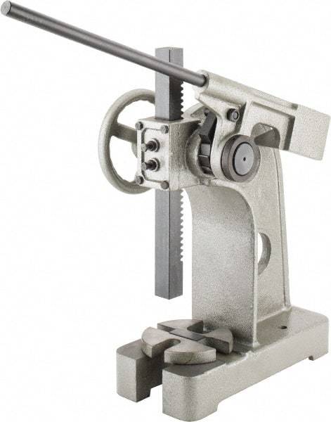 Interstate - 2-1/2" Ram, 6" Throat Depth, 3 Ton Manual Arbor Press - 12-5/8" Max Work Height x 12" Max Work Width, Ratchet Leverage, 20:1 Leverage Ratio, 8" Base Width x 18" Base Depth - Caliber Tooling