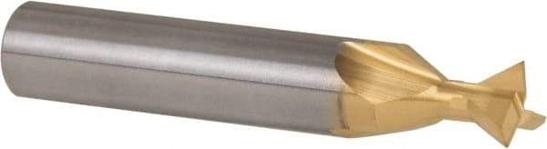 Made in USA - 3/8" Diam x 3/16" Width of Cut, 60° Included Angle, Carbide-Tipped Dovetail Cutter - 3/8" Shank Diam, 2-1/8" Overall Length, 0.0050-0.0100" Corner Radius, Weldon Flat, TiN Coated - Caliber Tooling