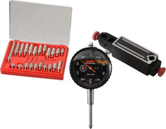 Value Collection - 0.001" Graduation, 0-100 Dial Reading, Indicator & Base Kit - 4" Base Length x 1" Base Width x 1" Base Height - Caliber Tooling