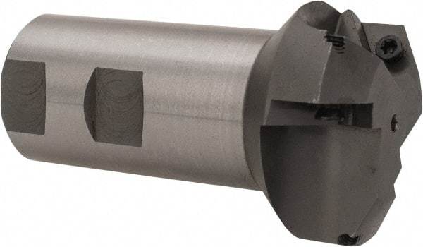 Everede Tool - 60° Lead Angle, 1.958" Max Cut Diam, 1" Min Cut Diam, 0.277" Max Depth of Cut, Indexable Chamfer and Angle End Mill - 3 Inserts, APLT 347 Insert Style, 3.2" Overall Length, Straight Shank, 120° Included Angle - Caliber Tooling