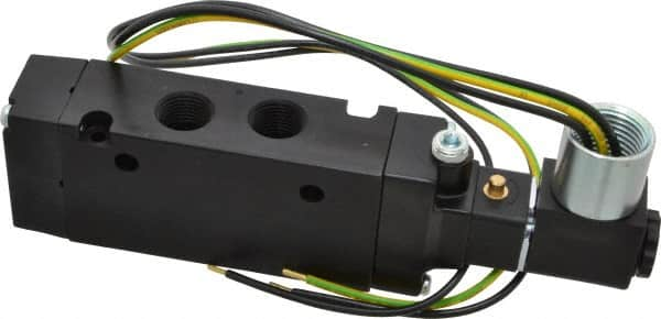 Parker - 3/8" Inlet x 3/8" Outlet, Single Solenoid Actuator, Air Return, 2 Position, Body Ported Solenoid Air Valve - 120 VAC Input, 88 CFM, 2.8 CV, 4 Way, 145 psi, 5-3/4" Long x 1.15" Wide x 3.97" High, 0 to 160°F - Caliber Tooling