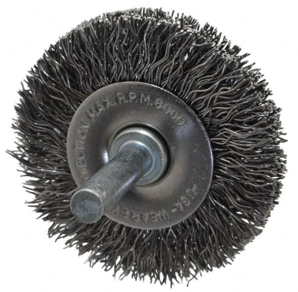 Made in USA - 2" OD, 1/4" Shank Diam, Crimped Steel Wheel Brush - 1/4" Face Width, 0.014" Filament Diam, 6,000 RPM - Caliber Tooling