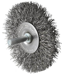 Made in USA - 3" OD, 1/4" Shank Diam, Crimped Steel Wheel Brush - 1/4" Face Width, 0.014" Filament Diam, 4,500 RPM - Caliber Tooling