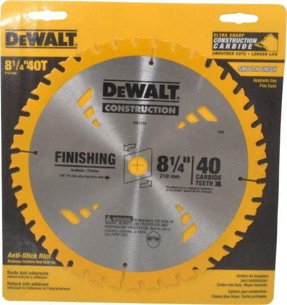 DeWALT - 8-1/4" Diam, 5/8" Arbor Hole Diam, 40 Tooth Wet & Dry Cut Saw Blade - Carbide-Tipped, General Purpose Action, Diamond Arbor - Caliber Tooling