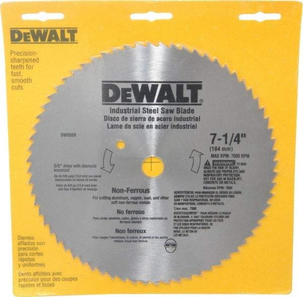 DeWALT - 7-1/4" Diam, 5/8" Arbor Hole Diam, 68 Tooth Wet & Dry Cut Saw Blade - Steel, Smooth Action, Standard Round Arbor - Caliber Tooling