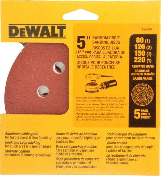 DeWALT - 80, 120, 150, 180, 220 Grit, 5" Disc Diam, Abrasive Disc Kit - Coated, Medium, Fine, (3) Very Fine Grade, Aluminum Oxide - Caliber Tooling