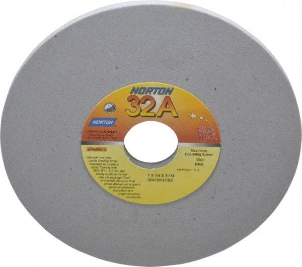 Norton - 7" Diam x 1-1/4" Hole x 1/4" Thick, L Hardness, 120 Grit Surface Grinding Wheel - Aluminum Oxide, Type 1, Fine Grade, 3,600 Max RPM, Vitrified Bond, No Recess - Caliber Tooling