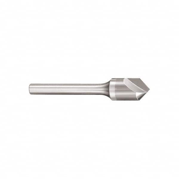 SGS - 1/8" Head Diam, 1/8" Shank Diam, 1 Flute 60° Solid Carbide Countersink - Bright Finish, 1-1/2" OAL, Single End, Straight Shank, Right Hand Cut - Caliber Tooling