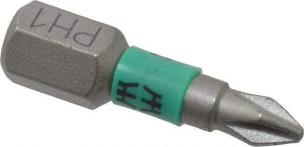 Wera - #1 Phillips Screwdriver Bit - 1/4" Hex Drive, 1" OAL - Caliber Tooling