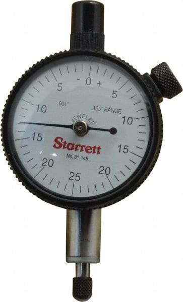 Starrett - 1/8" Range, 0-25-0 Dial Reading, 0.001" Graduation Dial Drop Indicator - 1-11/16" Dial, 0.05" Range per Revolution - Caliber Tooling