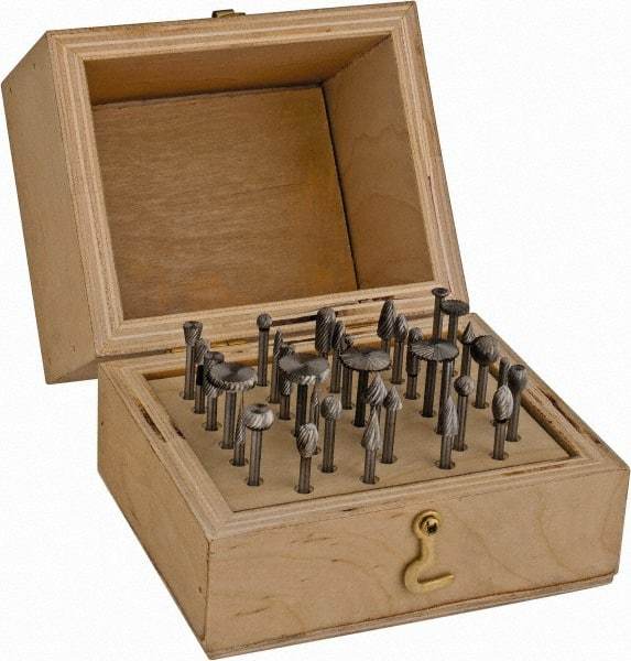 Made in USA - 34 Piece, 1/8" Shank Burr Set - High Speed Steel - Caliber Tooling