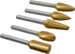 Made in USA - 5 Piece, 1/2" Shank Burr Set - Tungsten Carbide, Multiple Head Shape - Caliber Tooling