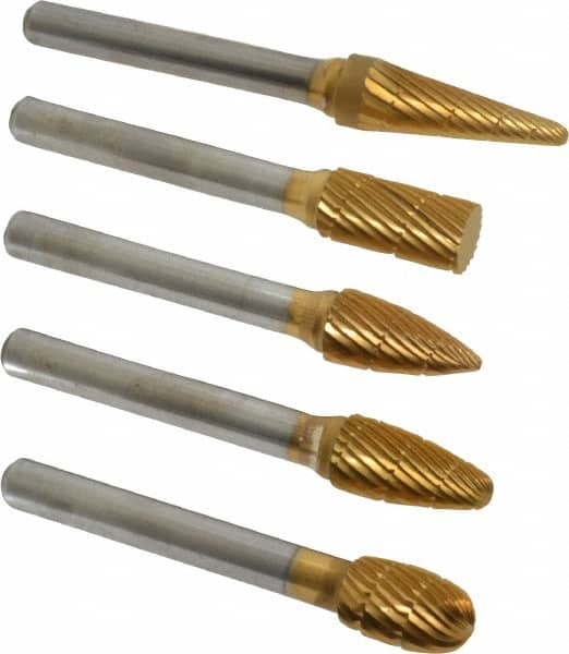 Made in USA - 5 Piece, 3/8" Shank Burr Set - Tungsten Carbide, Multiple Head Shape - Caliber Tooling