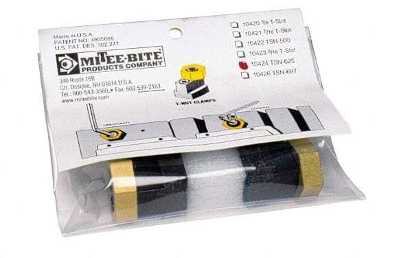 Mitee-Bite - 13/16" Brass Hex, 9/16" T-Slot, 3/8-16 Stud Thread, Symmetrical Hex Clamp - 1/4" Hex Height, 2,000 Lb Holding Force, 3/4" Long Thread, 20.8 Ft/Lb Torque, 2 Clamps - Caliber Tooling