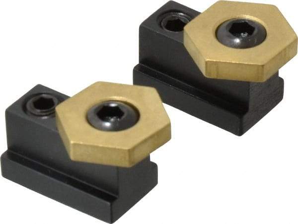 Mitee-Bite - 13/16" Brass Hex, 7/16" T-Slot, 5/16-18 Stud Thread, Symmetrical Hex Clamp - 3/16" Hex Height, 800 Lb Holding Force, 1/2" Long Thread, 8.3 Ft/Lb Torque, 2 Clamps - Caliber Tooling