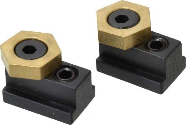 Mitee-Bite - 13/16" Brass Hex, 1/2" T-Slot, 3/8-16 Stud Thread, Symmetrical Hex Clamp - 1/4" Hex Height, 2,000 Lb Holding Force, 3/4" Long Thread, 20.8 Ft/Lb Torque, 2 Clamps - Caliber Tooling