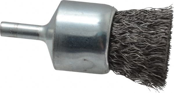 Weiler - 1" Brush Diam, Crimped, End Brush - 1/4" Diam Steel Shank, 22,000 Max RPM - Caliber Tooling