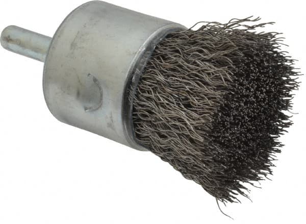 Weiler - 1" Brush Diam, Crimped, End Brush - 1/4" Diam Steel Shank, 22,000 Max RPM - Caliber Tooling