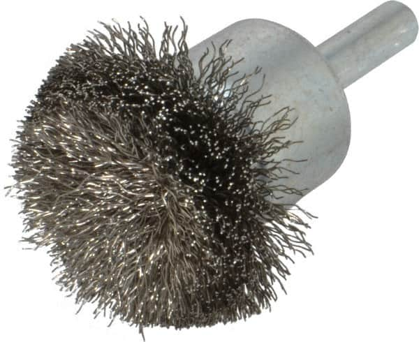 Weiler - 1-1/2" Brush Diam, Crimped, Flared End Brush - 1/4" Diam Shank, 20,000 Max RPM - Caliber Tooling