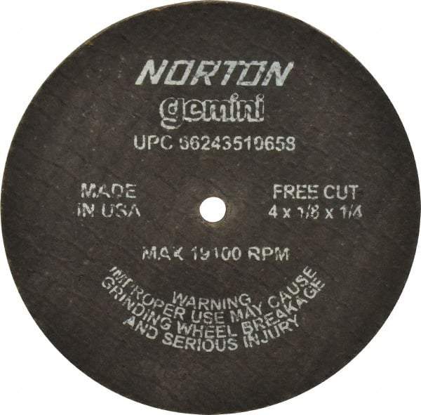 Norton - 4" Aluminum Oxide Cutoff Wheel - 1/8" Thick, 1/4" Arbor, 19,100 Max RPM, Use with Die Grinders - Caliber Tooling