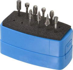 Made in USA - 9 Piece, 1/8" Shank Burr Set - Solid Carbide, Multiple Head Shapes - Caliber Tooling