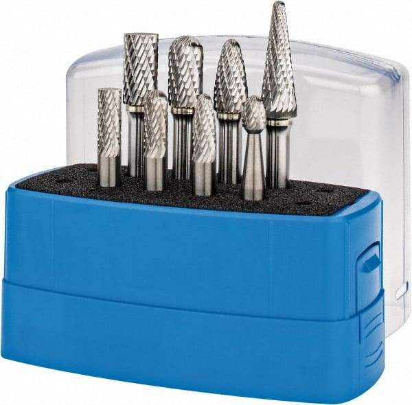 Made in USA - 8 Piece, 1/4" Shank Burr Set - Tungsten Carbide, Multiple Head Shape - Caliber Tooling