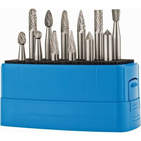 Made in USA - 12 Piece, 1/4" Shank Burr Set - Solid Carbide, Multiple Head Shape - Caliber Tooling