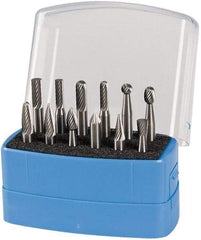 Made in USA - 12 Piece, 1/4" Shank Burr Set - Solid Carbide, Multiple Head Shape - Caliber Tooling