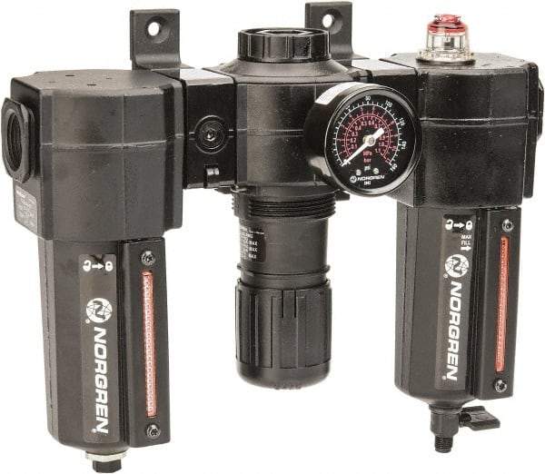 Norgren - 3/4" NPT Port Standard 3 Piece Filter-Regulator-Lubricator FRL Unit - Metal Bowl, 138 SCFM, 250 Max psi, 97" High x 10.52" Long, Automatic Drain - Caliber Tooling