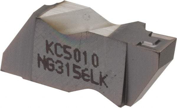 Kennametal - 3156NG K Grade KC5010, 3.96mm Cutting Width Carbide Grooving Insert - 3.81mm Max Depth of Cut, Left Hand, 0.19mm Corner Radius, TiAlN Finish - Caliber Tooling