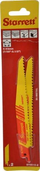 Starrett - 6" Long x 3/4" Thick, Bi-Metal Reciprocating Saw Blade - Tapered Profile, 6 to 10 TPI, Toothed Edge, Universal Shank - Caliber Tooling