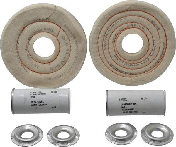 Dico - 4" Diam Cushion Sewn, Spiral Sewn Buffing Wheel Set - 1/2" Arbor Hole, Emery - Caliber Tooling