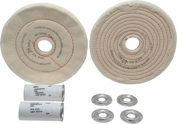 Dico - 6" Diam Cushion Sewn, Spiral Sewn Buffing Wheel Set - 1/2 - 1" Arbor Hole, Emery - Caliber Tooling