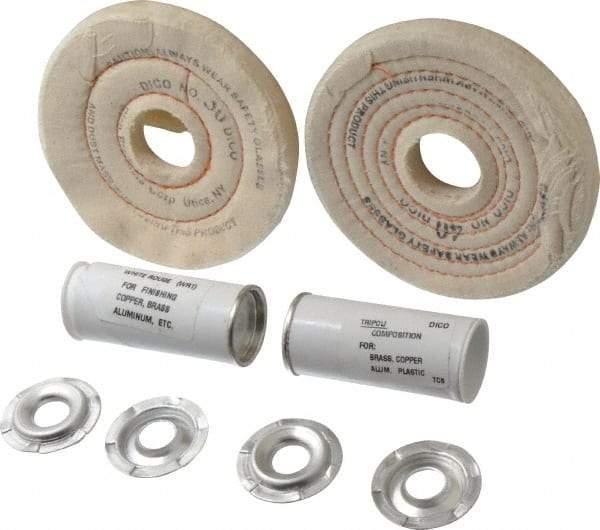 Dico - 4" Diam Cushion Sewn, Spiral Sewn Buffing Wheel Set - 1/2 - 1" Arbor Hole, Tripoli - Caliber Tooling